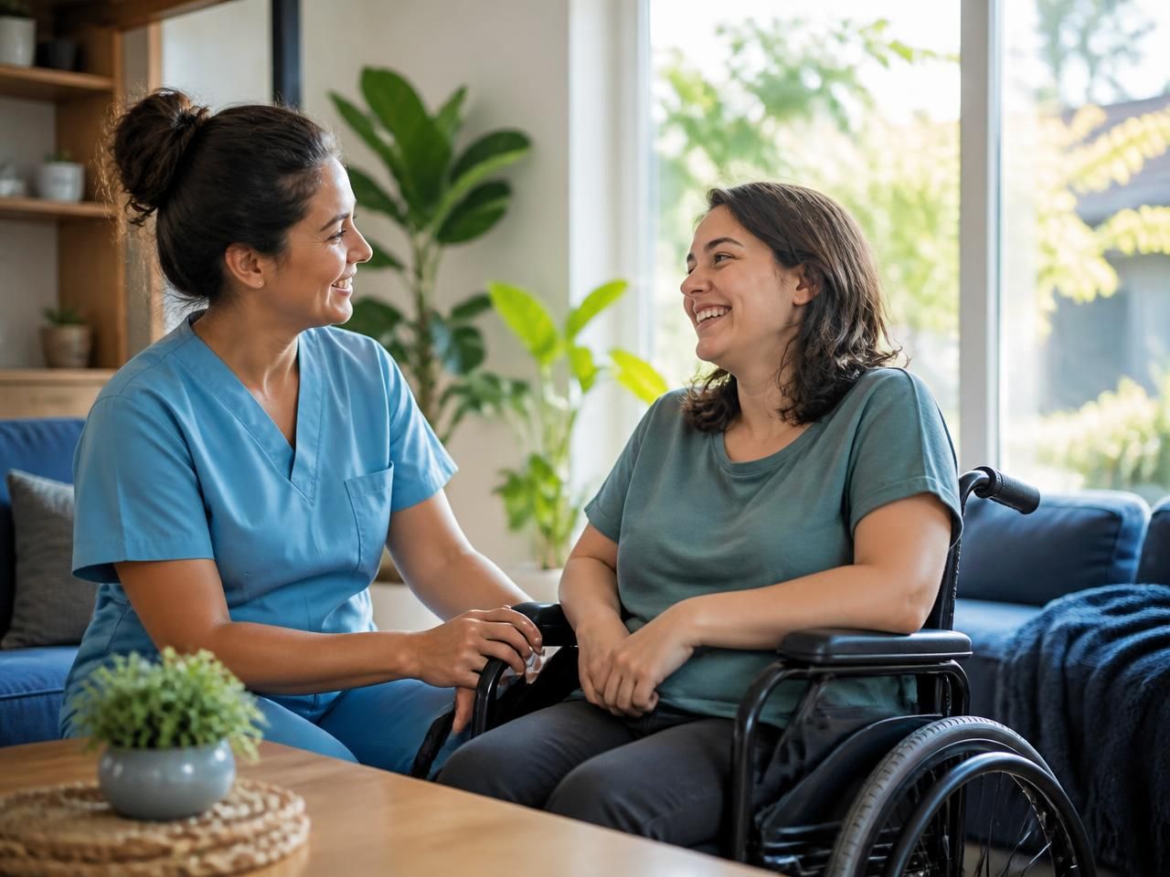 Support worker sitting with a smiling client in a wheelchair in a bright Gold Coast home